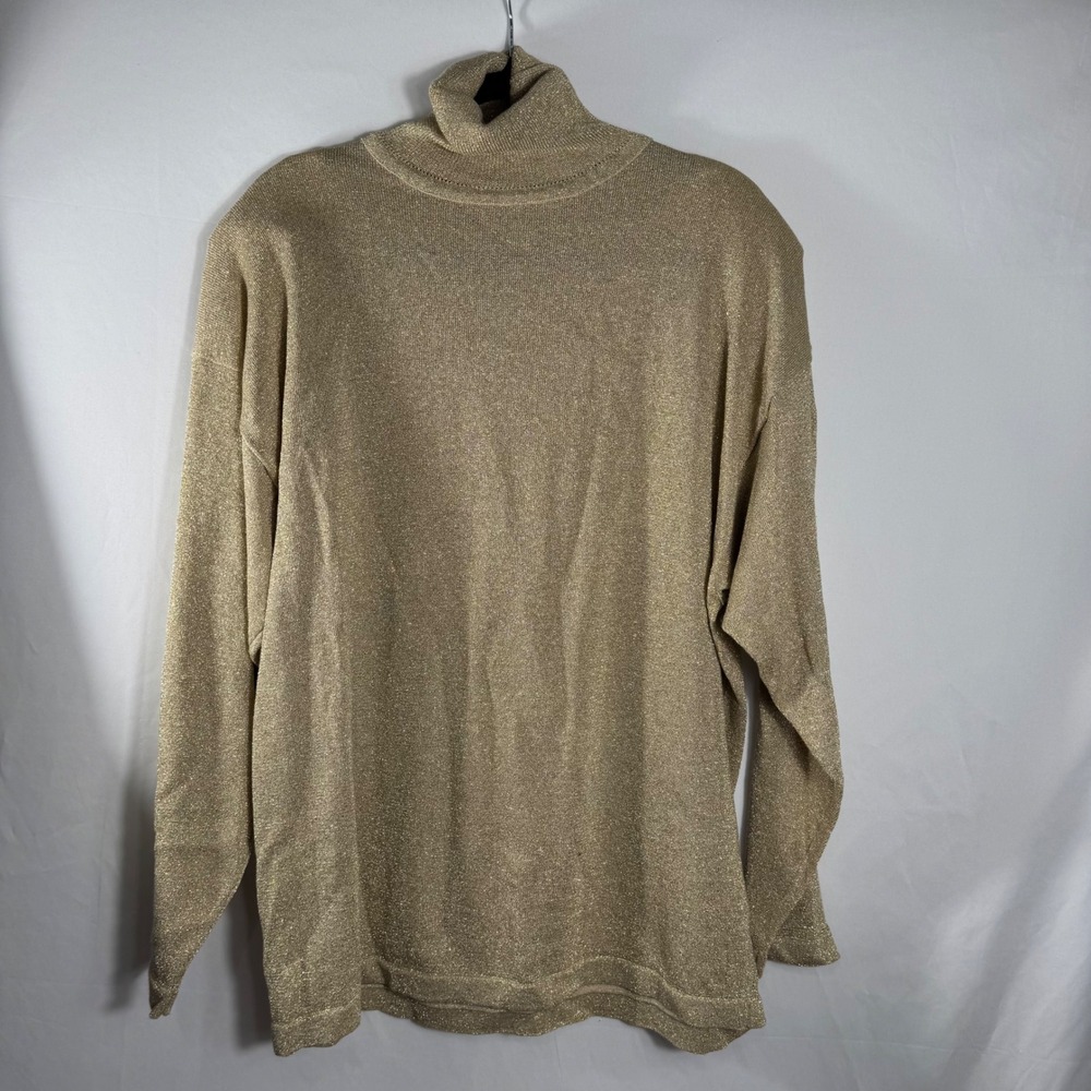 Lisa International Gold Metallic Knit Turtleneck Long Sleeve Top Womens L